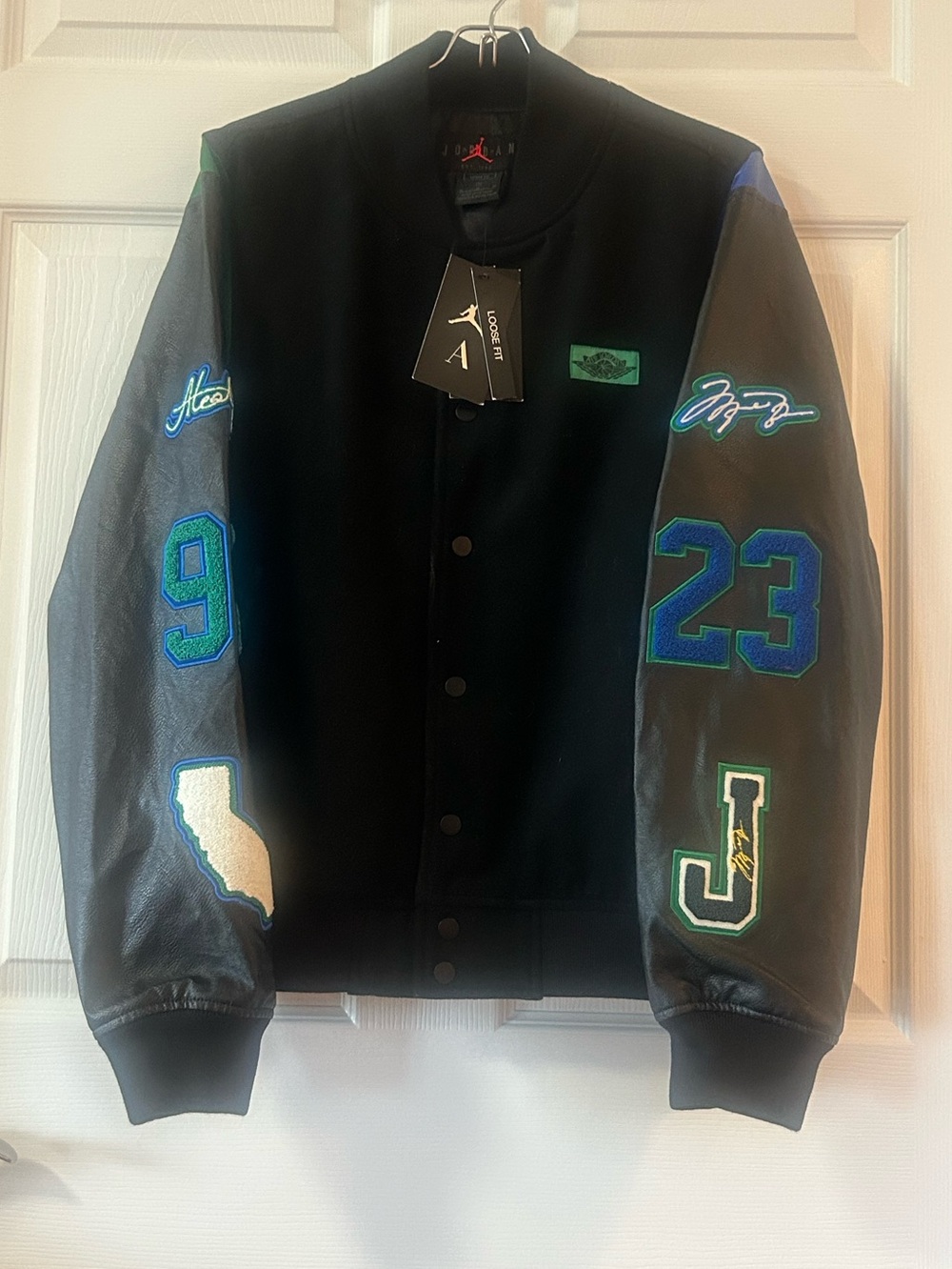 NWT Women's Jordan x Aleali May Varsity Jacket with Blue-Green Accents